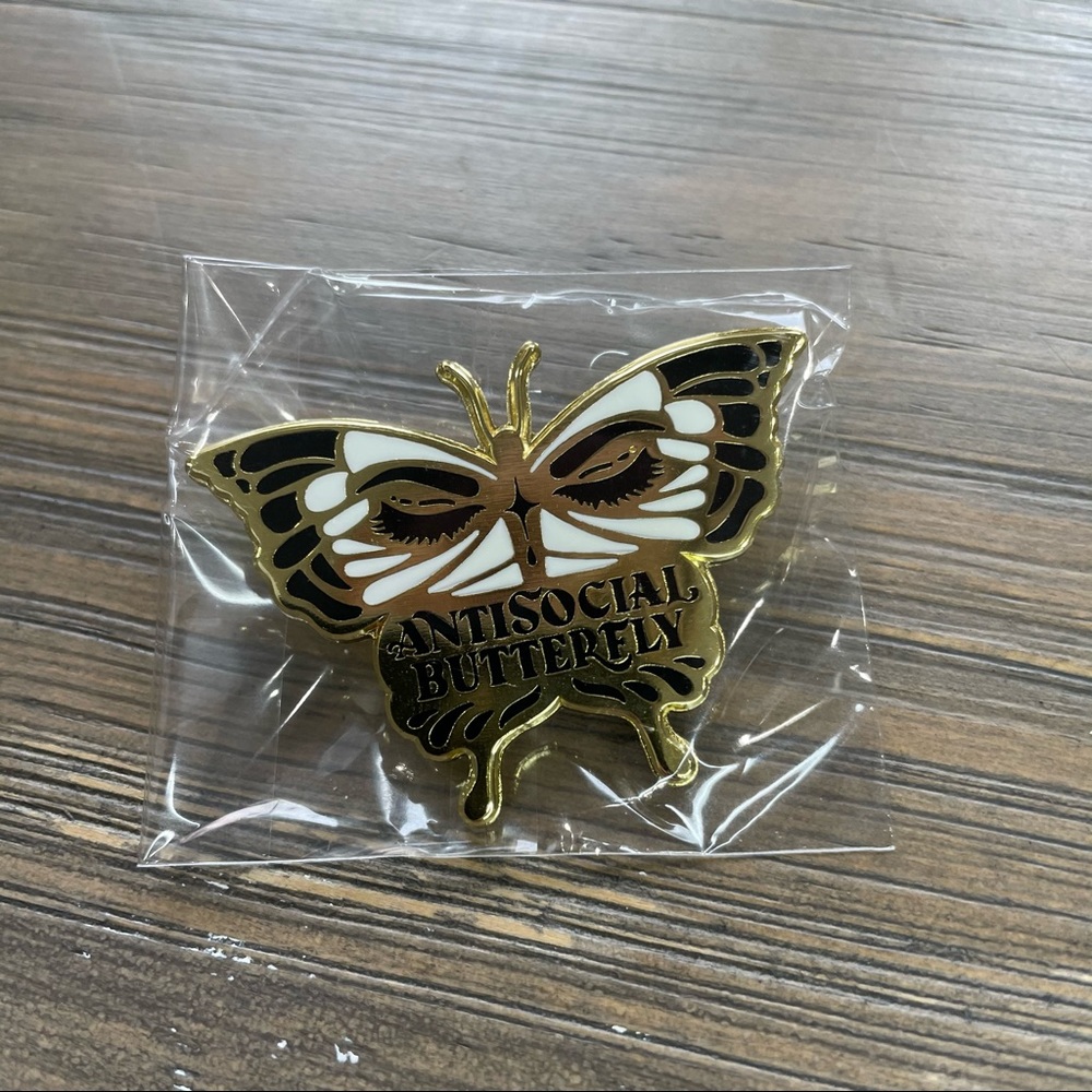 Antisocial butterfly gold white & black enamel pin